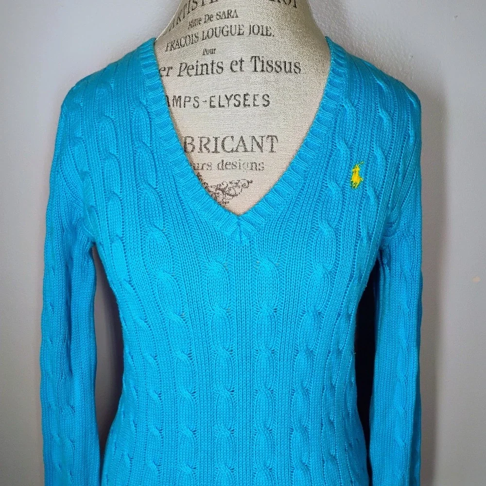 Ralph Lauren Sport Cable Knit Sweater Womens Medium Blue Yellow Pony Logo Preppy